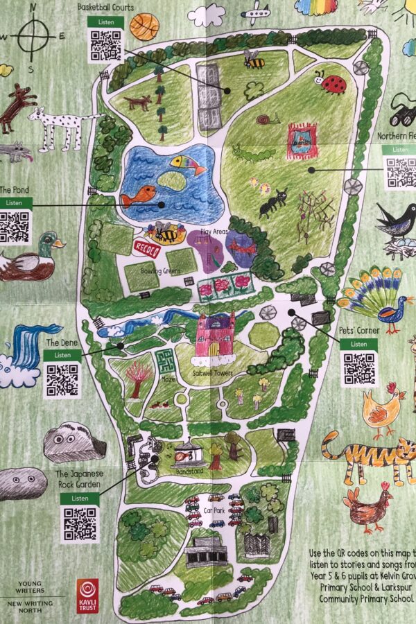 Map of Saltwell Park created with pencil drawings and QR codes