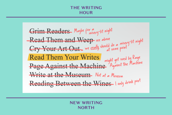 design shows a list of alternative names crossed out with red pen, and 'Read Them Your Writes' text highlighted